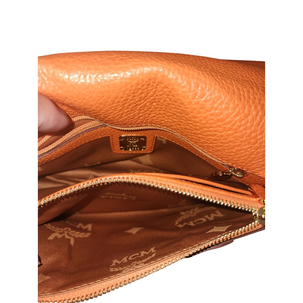 MCM Orange Pebbled Leather Shoulder Bag Gold Chain Studded Flap 2way Bag Luxury - Picture 3 of 8